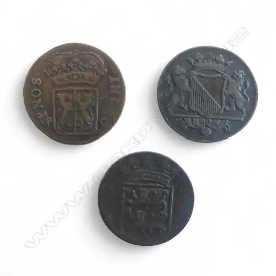 3 DUTCH EAST INDIA COMPANY VOC COIN TOKENS; 1732, 1745, 1748 22mm dia