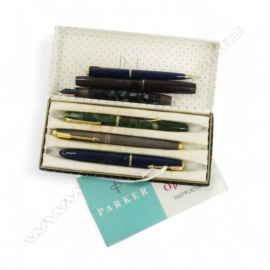 5 PARKER & CONWAY FOUNTAIN PENS with 14ct gold nibs. 1 missing cover + Parker propelling pencil Image 1++