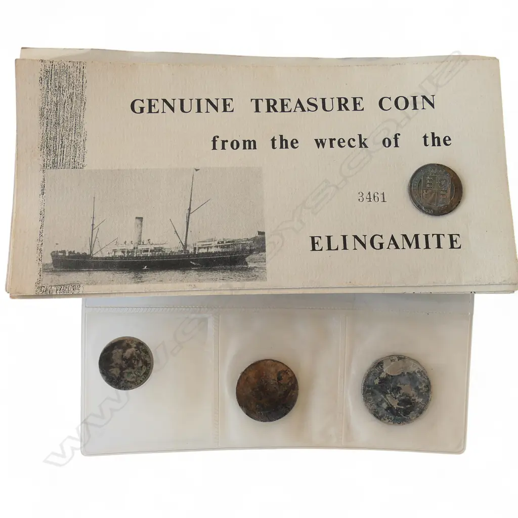 4 TREASURE COINS FROM THE WRECK OF THE ELINGAMITE IN LTD ED FOLDER, #3465 Image 1++