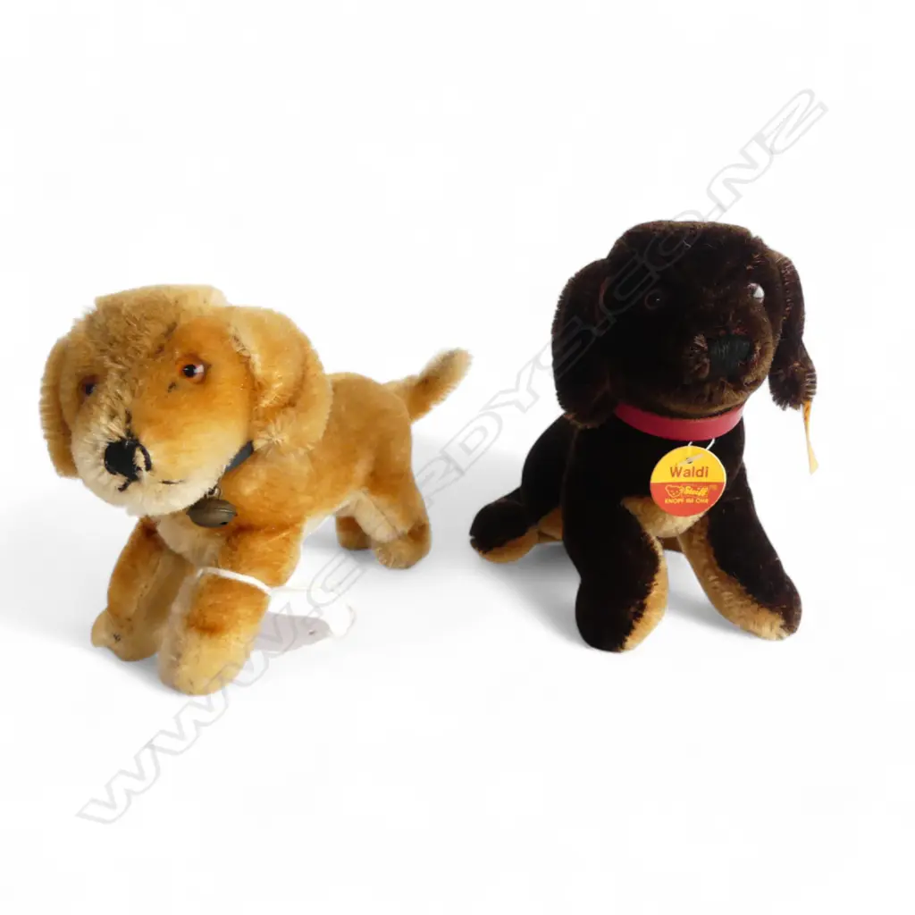 2 VINTAGE 'STEIFF' PUPPIES, 'WALDI' & OTHER both w BUTTON & TAG IN EAR, H.110mm Image 1++