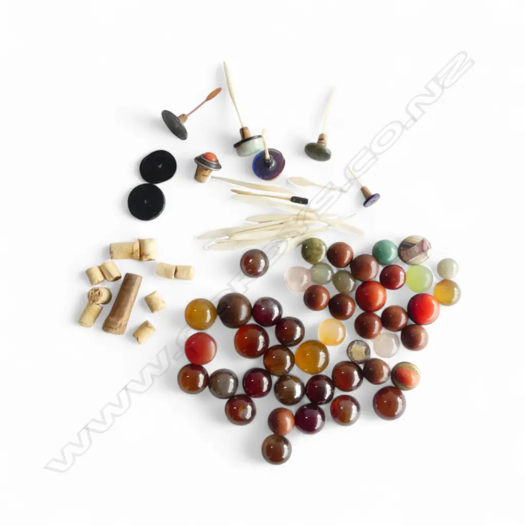 2 BAGS OF SNUFF BOTTLE TOPS of various stones & gems  + corks + spoons Image 1++