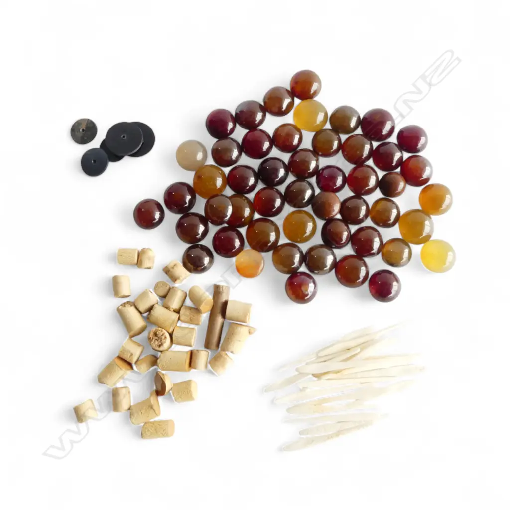 2 BAGS OF oriental SNUFF BOTTLE TOPS of various dark amber toned & other stones & gems + corks + spoons Image 1++