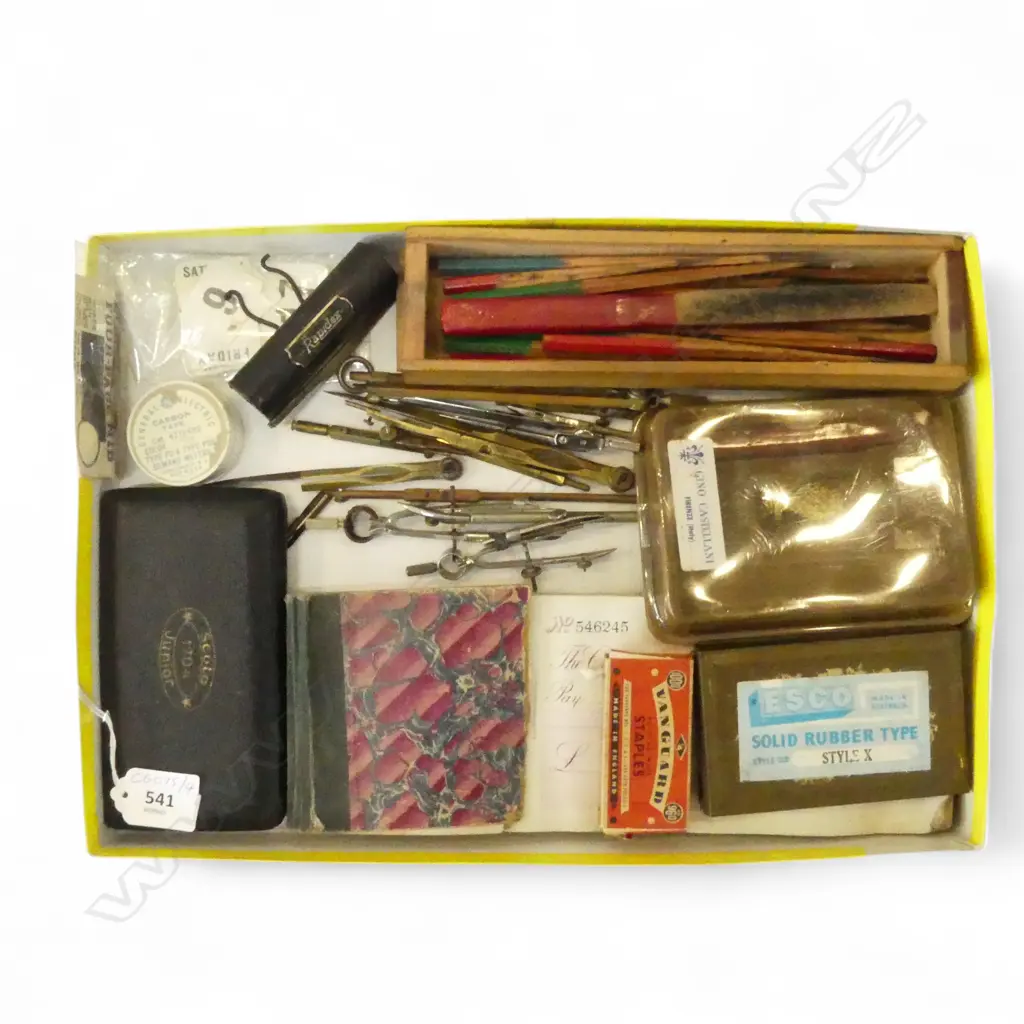 VINTAGE DRAWING ITEMS SEAL, TYPE, PENCILS, COMPASSES, CHEQUE BOOK ETC  Image 1++