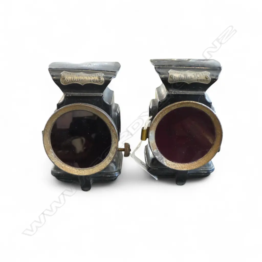 PAIR OF ANTIQUE MILLER & CO CYCLE LAMPS W. RED GLASS, L.120MM Image 1++