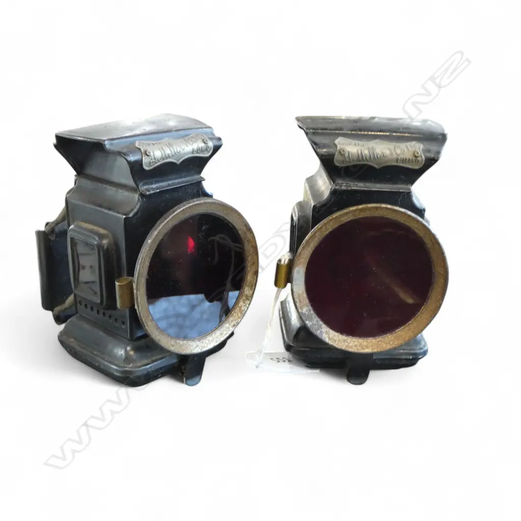 PAIR OF ANTIQUE MILLER & CO CYCLE LAMPS W. RED GLASS, L.120MM Image 1++