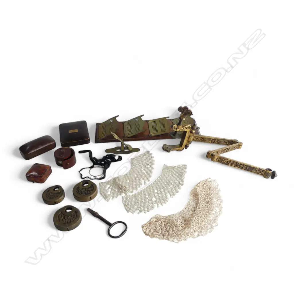 LETTER RACK L.320mm, BRASS HINGE, 3 BRASS LOCKS, 3 JEWELLERY BOXES,  MONOCLE ETC Image 1++