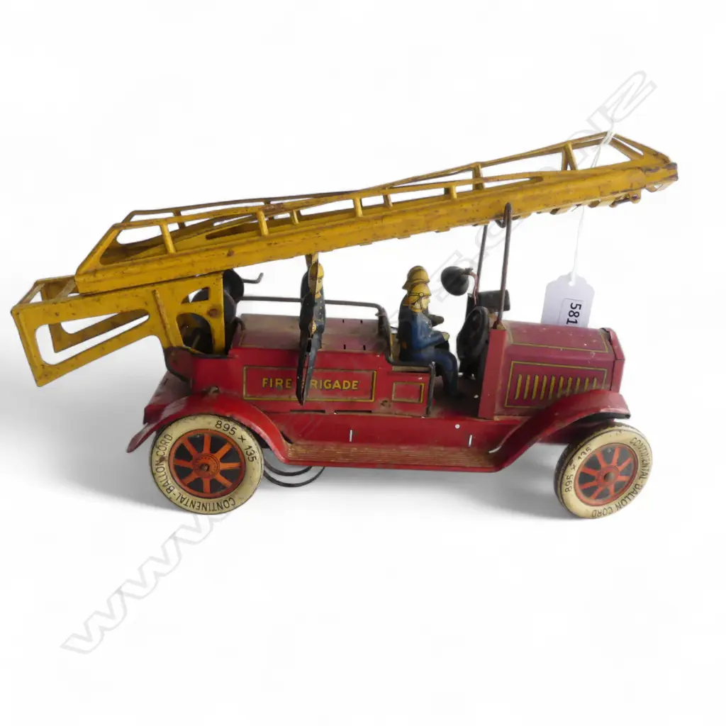 1930's German Distler tinplate Fire Engine 1614 clockwork drive L.280mm license plate 'J.D. 1614'. Image 1++