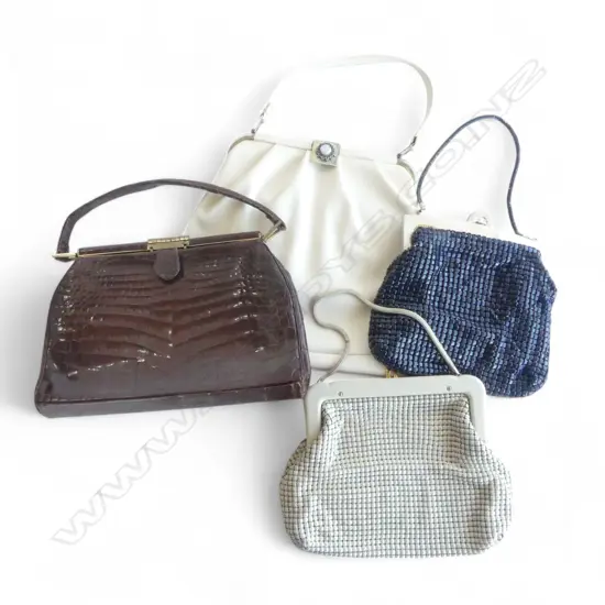 4 HAND BAGS; 2 METAL MESH, CROCODILE, WHITE VINYL
