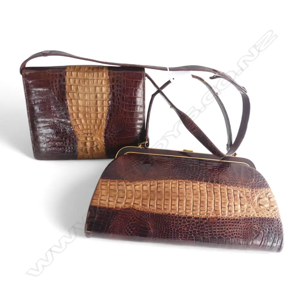 2 VINTAGE CROCODILE SKIN HAND BAGS gilt fittings Image 1++