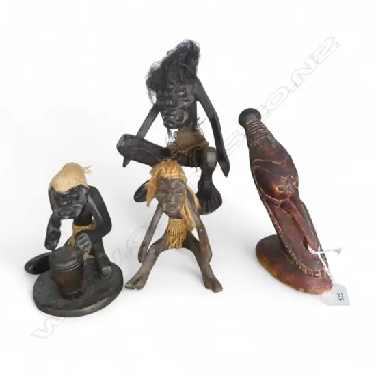 3 CARVED AFRICAN FIGURES + PNG MASK ORNAMENT H.170mm