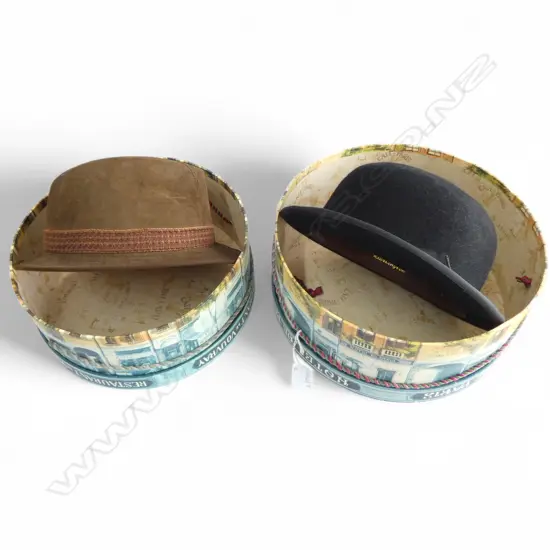 2 HATS IN HAT BOXES; LEATHER & ENGLISH BOWLER