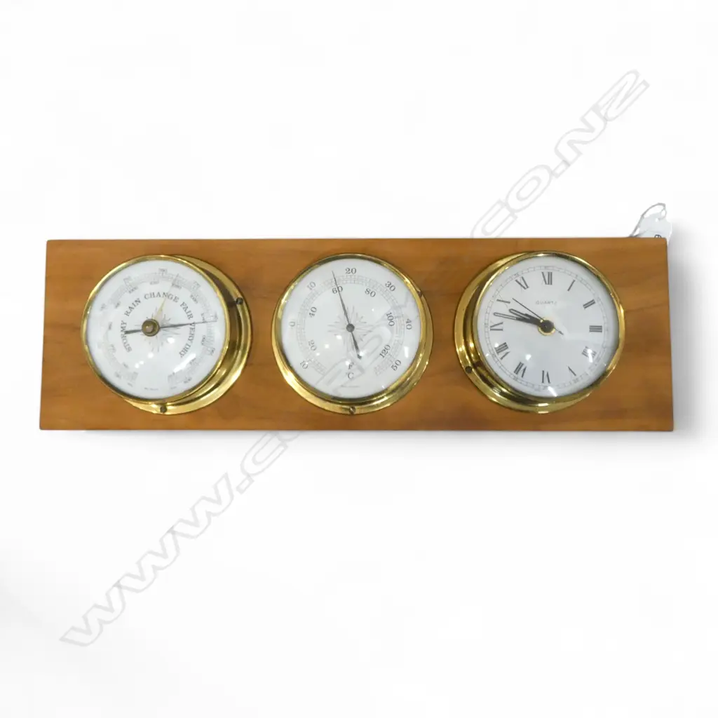 BRASS NAUTICAL CLOCK, BAROMETER & THERMOMETER MOUNTED ON BOARD W.460mm Image 1++