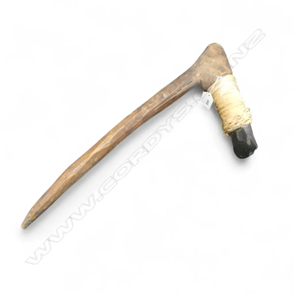 OLD WOODEN HAFTED ADZE W STONE ADZE BLADE L.480mmlashed to the head L. Image 1++