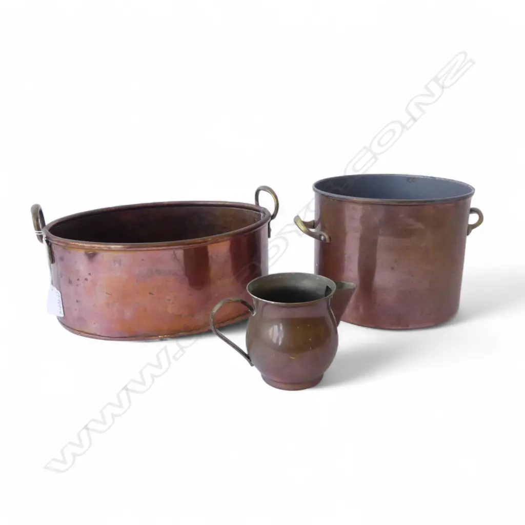 TWO COPPER PANS + JUG Image 1++