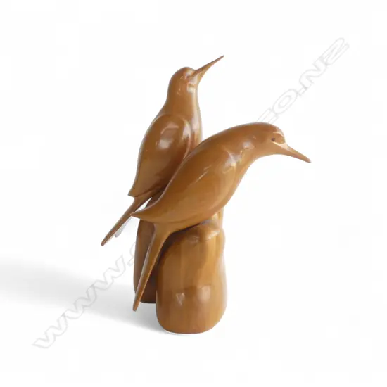 CARVED KAURI BELL BIRDS by LEO GAMBLE N.Z. H.265mm inscription to base