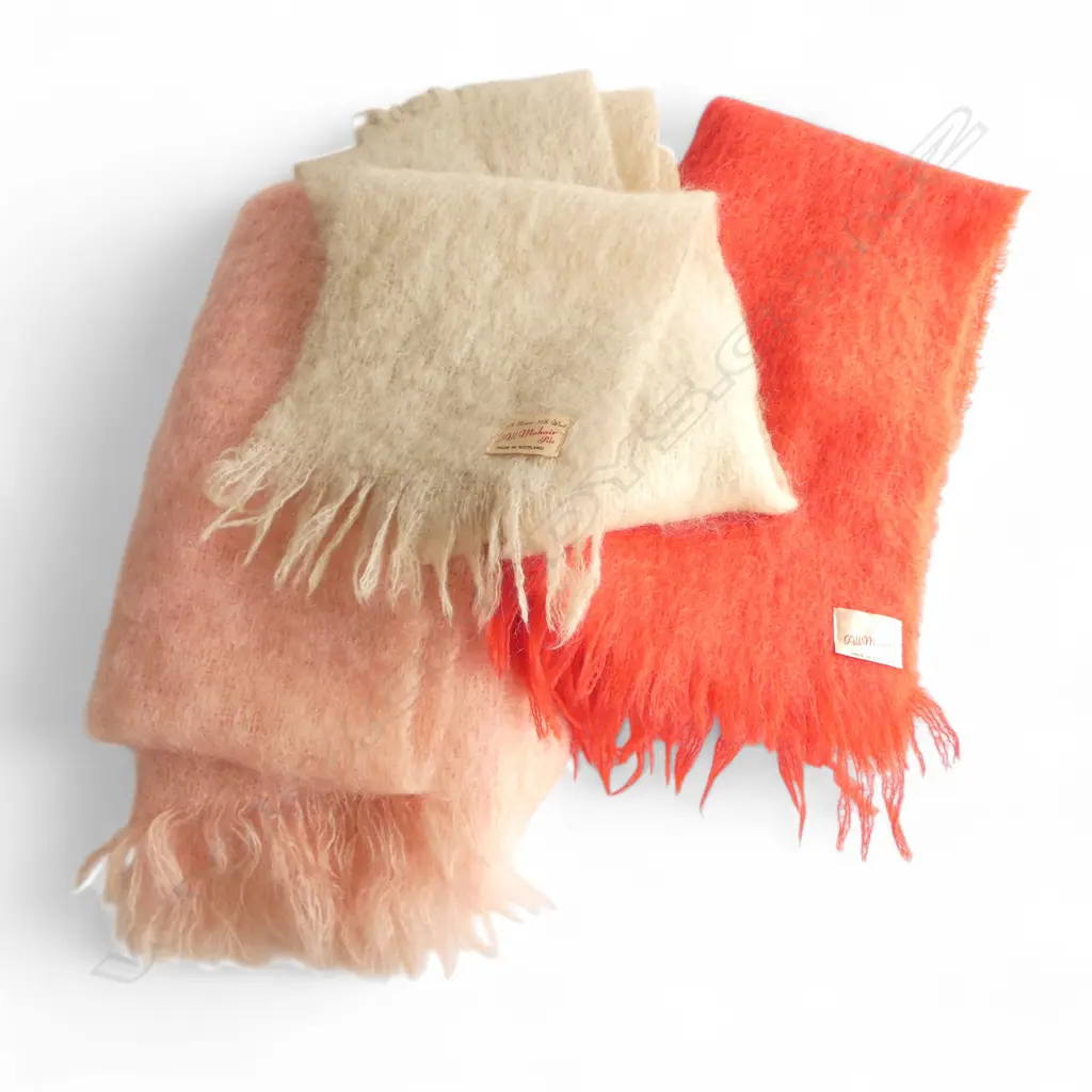 3 x MOHAIR SHAWLS: PINK + CREAM + RED. 2 labelled 'ALL MOHAIR Pile Made in Scotland' Image 1++