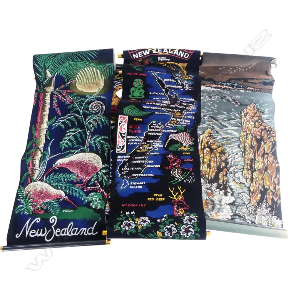 4 RETRO NZ KIWIANA BLACK VELVET WALL HANGINGS, MAP ETC 820x310mm Image 1++