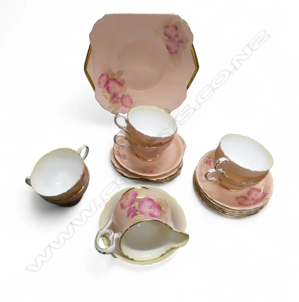 SHELLEY CHINA TEASET 6CSPS CAKE PLATE C/SUGAR PINK BLOSSEM PAT Image 1++
