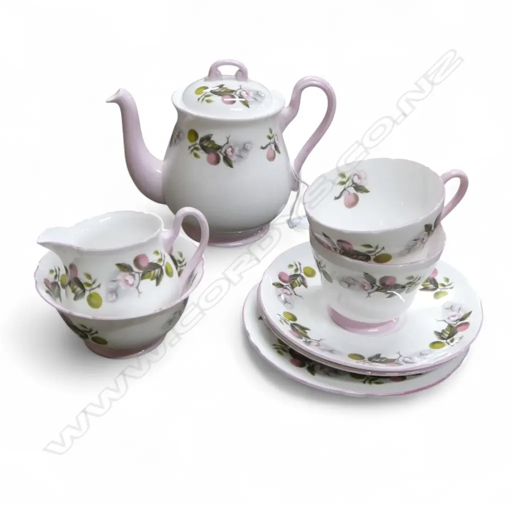 SHELLEY CHINA 3PC TEASET C/SUGAR & 2C/SS 1PLATE PINK FRUIT PAT Image 1++