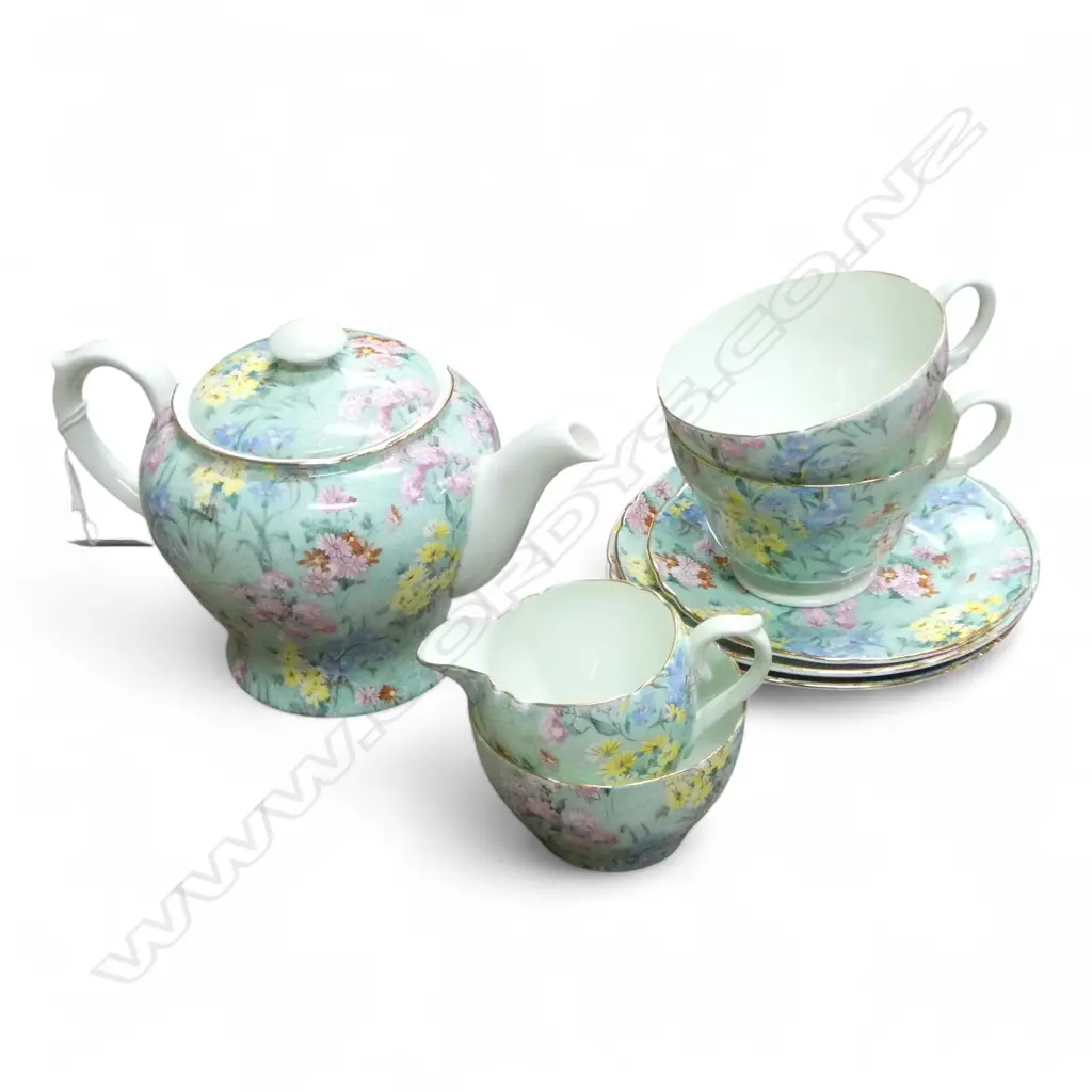 SHELLEY CHINA AOF 3PC TEASET TEAPOT C/SUGAR 2 C/SS & SIDEPLATE Image 1++