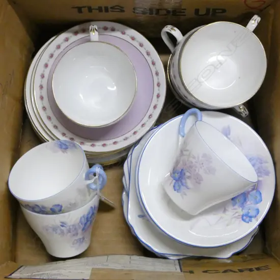 2 SHELLEY CHINA PART TEASETS 3 BLUE CSPS & 4 MAUVE CSPS ETC