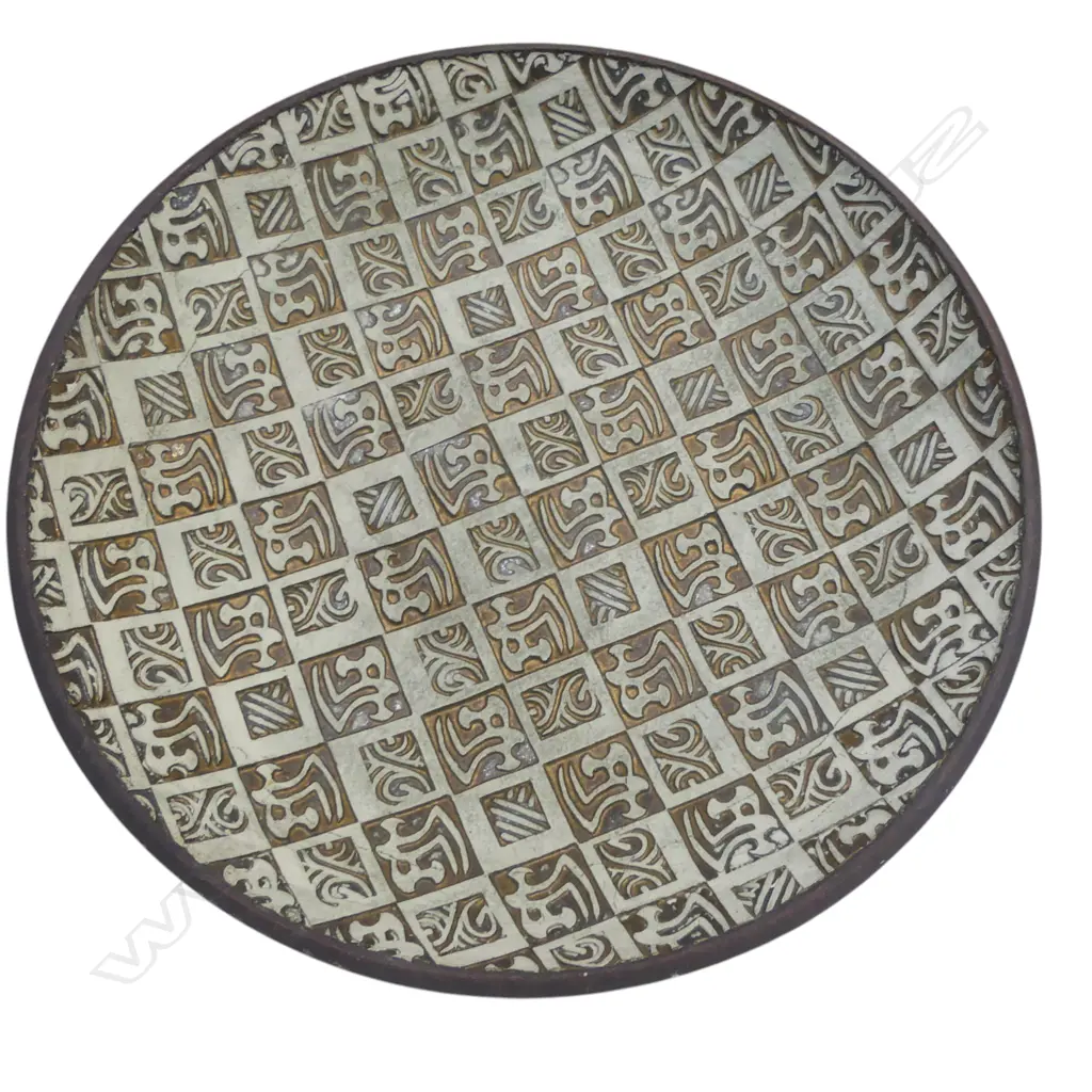STEPHEN SCHOLEFIELD WALL DISH w IMPRESSED THEO SCHOON STAMPED DESIGN, potter's mark, Dia.350mm, firing crack Image 1++
