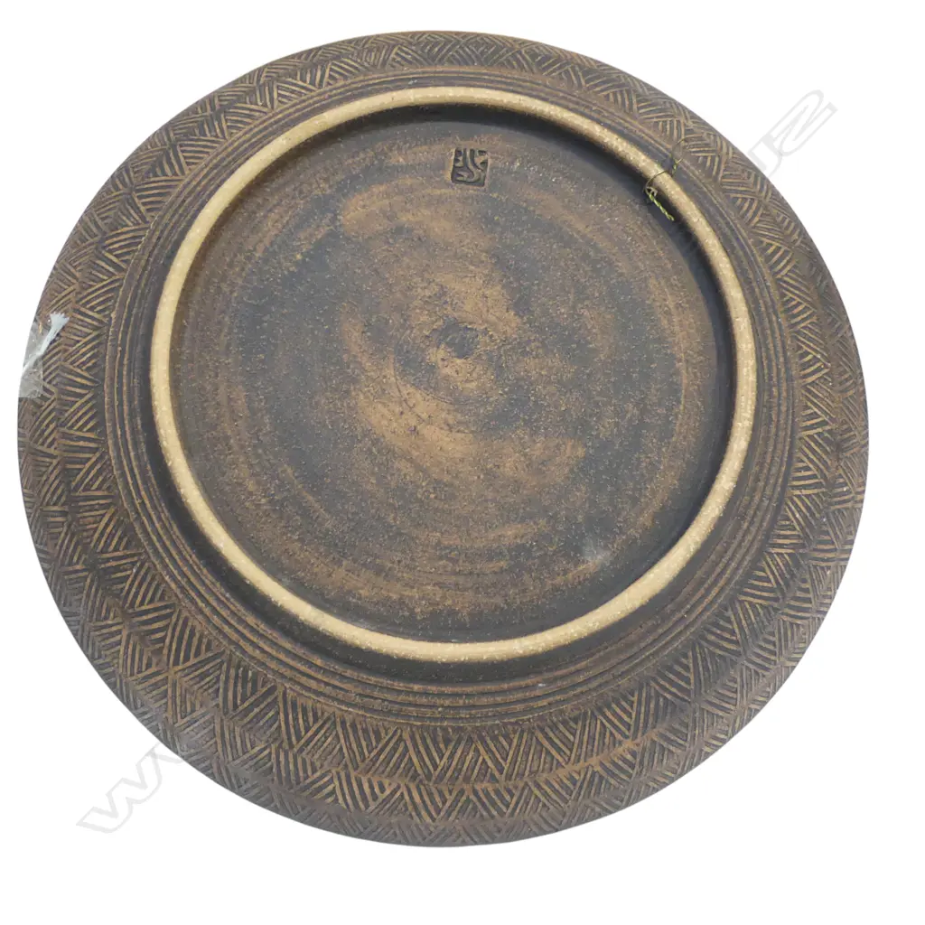 STEPHEN SCHOLEFIELD WALL DISH w IMPRESSED THEO SCHOON STAMPED DESIGN, potter's mark, Dia.350mm, firing crack Image 1++