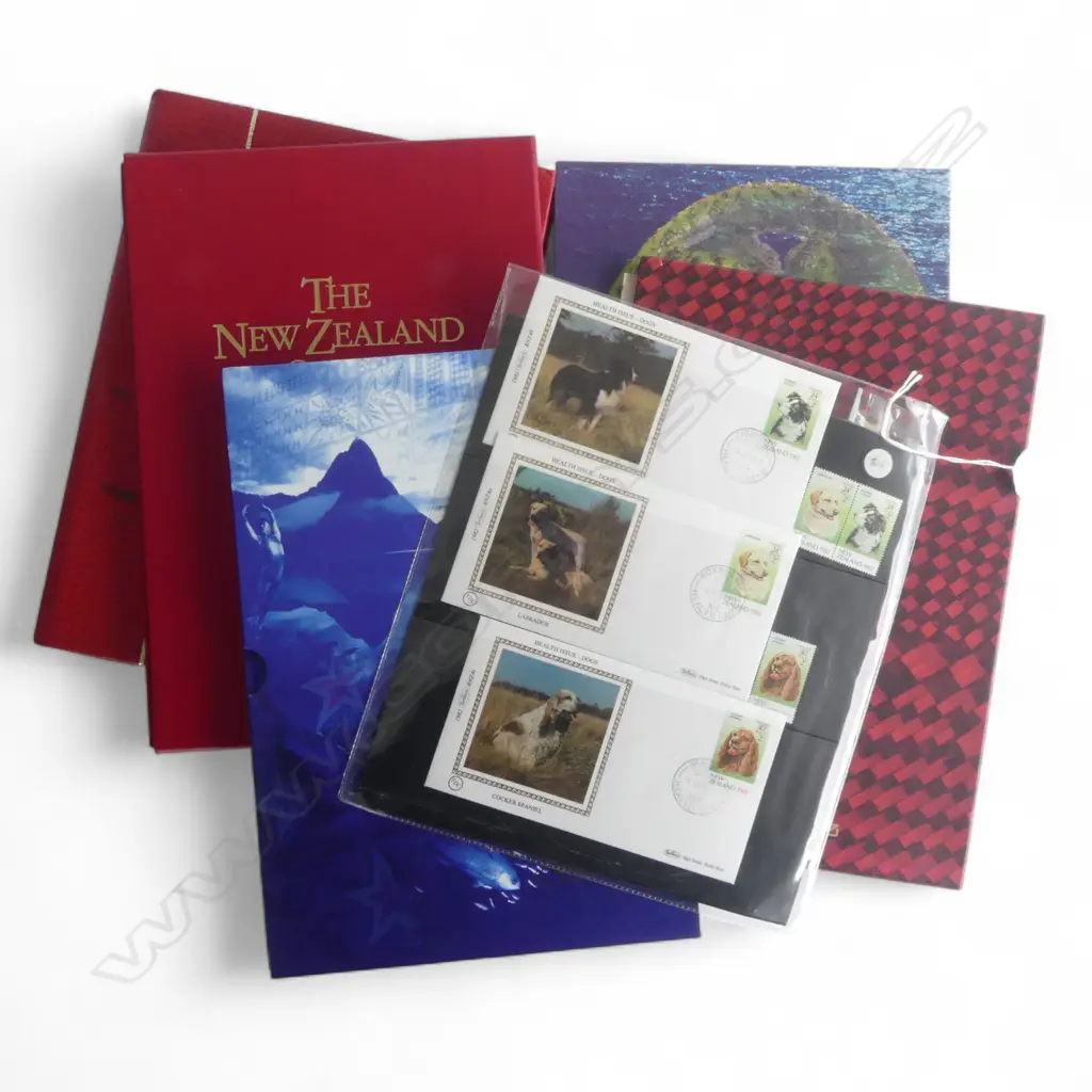 4 N.Z. STAMP ALBUMS (1998, 1995, 1993, 1985), MOSTLY EMPTY STAMP ALBUM & N.Z HEALTH ISSUE - DOGS Image 1++
