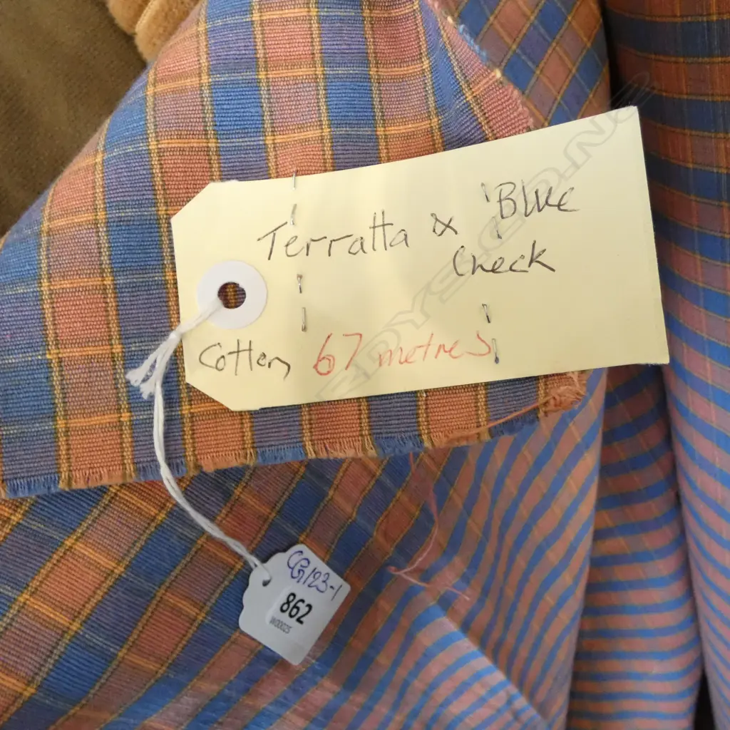 FABRIC BOLT; TERRATTA & BLUE CHECK, COTTON, 67M Image 1++