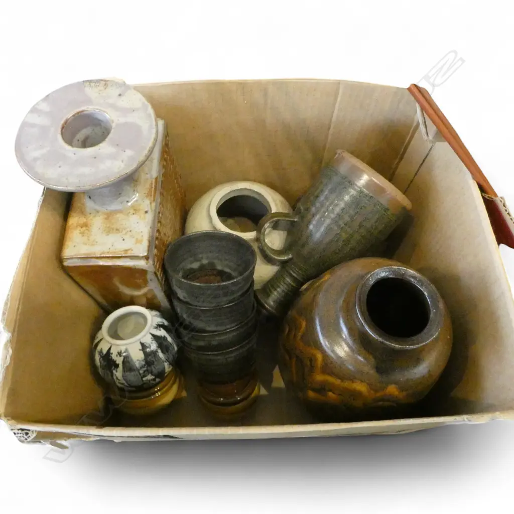 ASST. STUDIO POTTERY INCL. PETER STICHBURY OIL BOTTLE (chip) & 4 CUPS ETC Image 1++
