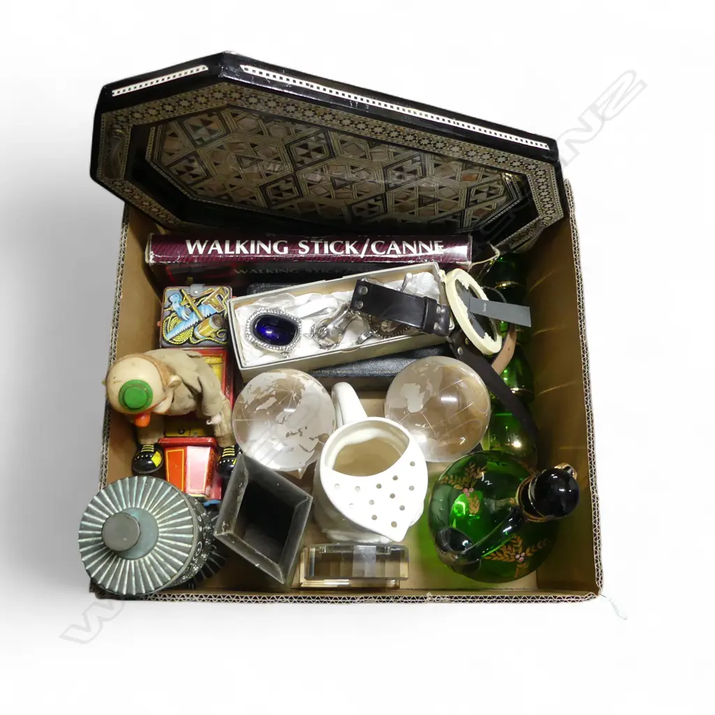 ASST. ITEMS; 2 GLASS GLOBES, CLOWN TOY, MoP TRAY W.460mm ETC Image 1++