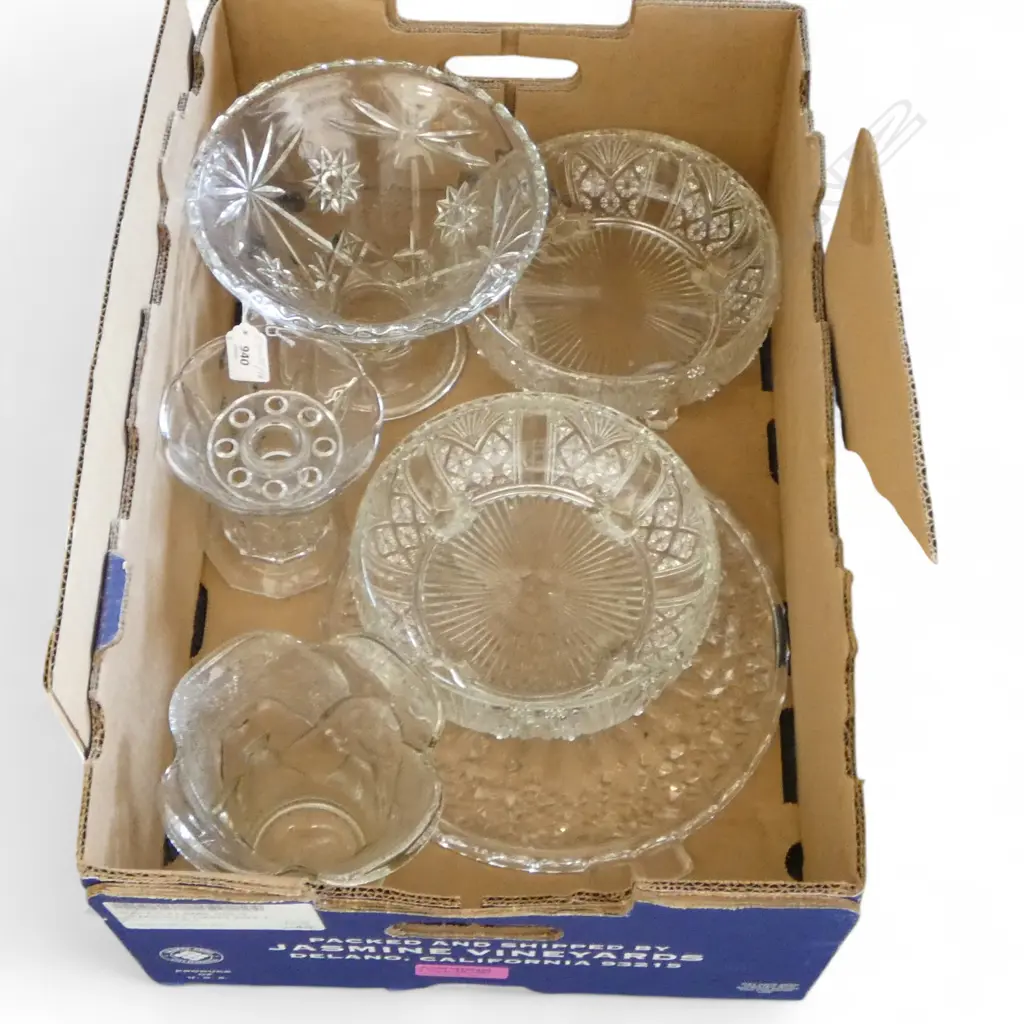 VINTAGE DEPRESSION GLASS 3 VASES, 2 BOWLS, & CAKE PLATTER GOOD CONDITION Image 1++
