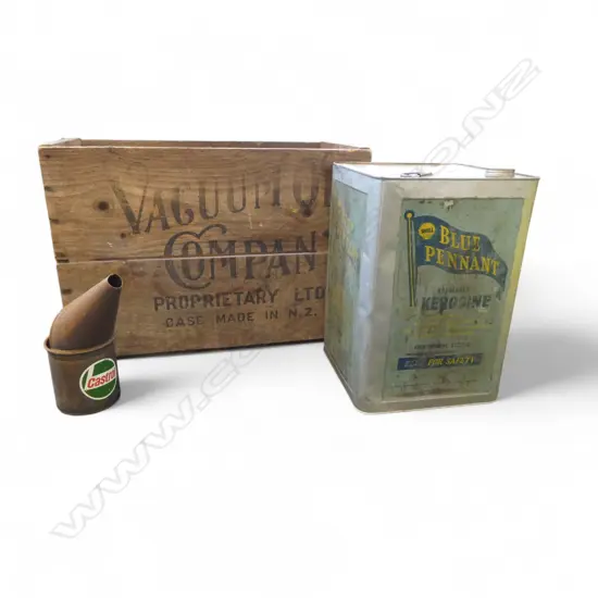 VINTAGE CRATE FOR LAUREL KEROSENE, KEROSENE TIN FROM BLUE PENNANT, 500ML   CASTROL OIL POURER.