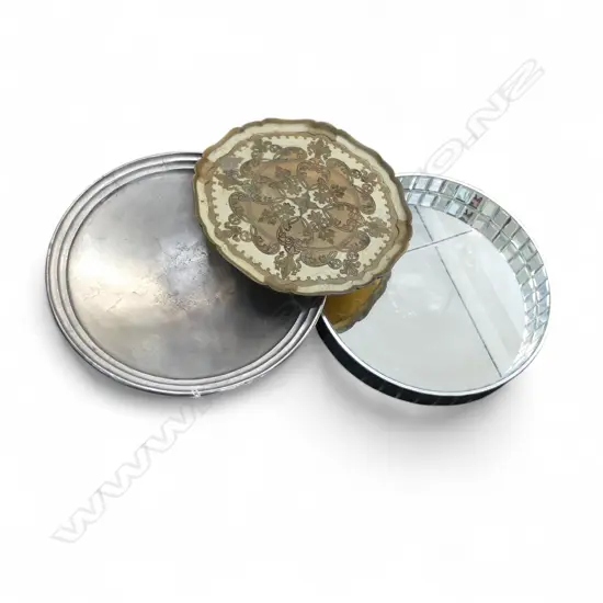 2 LG DISHES; SILVER METAL 510mm dia & MIRROR 500mm + ITALIAN TRAY 445mm dia