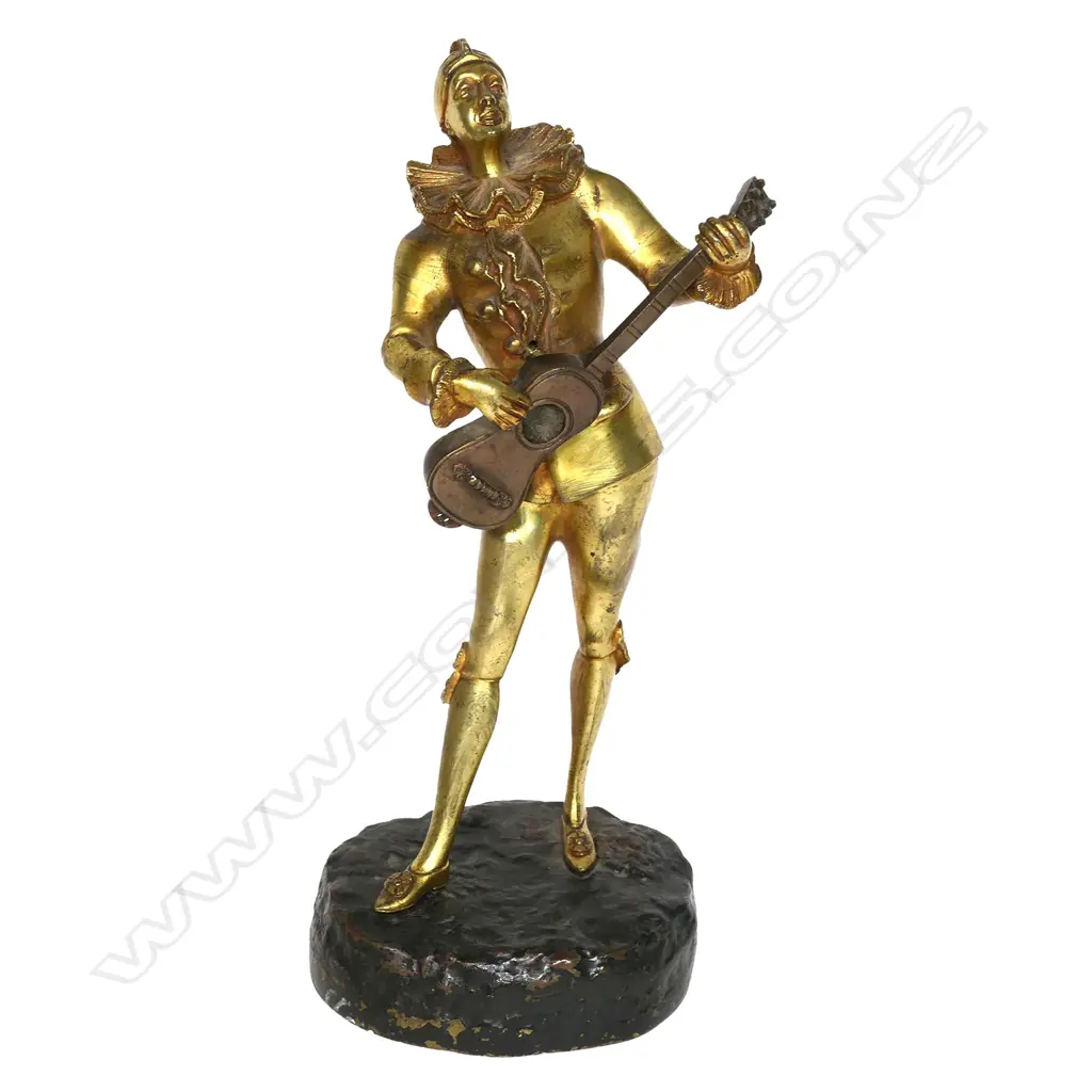 Gilded Bronze Sculpture Pierrot with Mandolin by Louis Mascre C 1900. parcel gilt bronze, unsigned. H.310mm, Image 1++