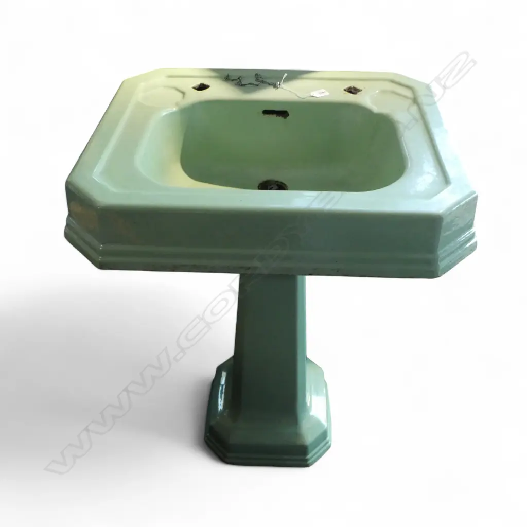 2 PCE DECO / VINTAGE GREEN ENAMELLED CAST IRON PEDESTAL SINK Image 1++