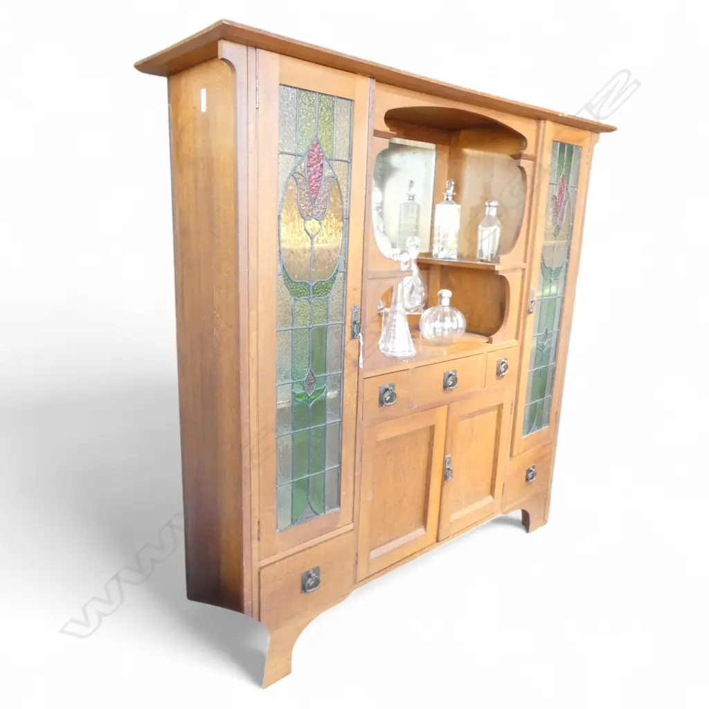 ARTS & CRAFTS OAK LEAD LIGHT CABINET 1810x515x1830mm Image 1++