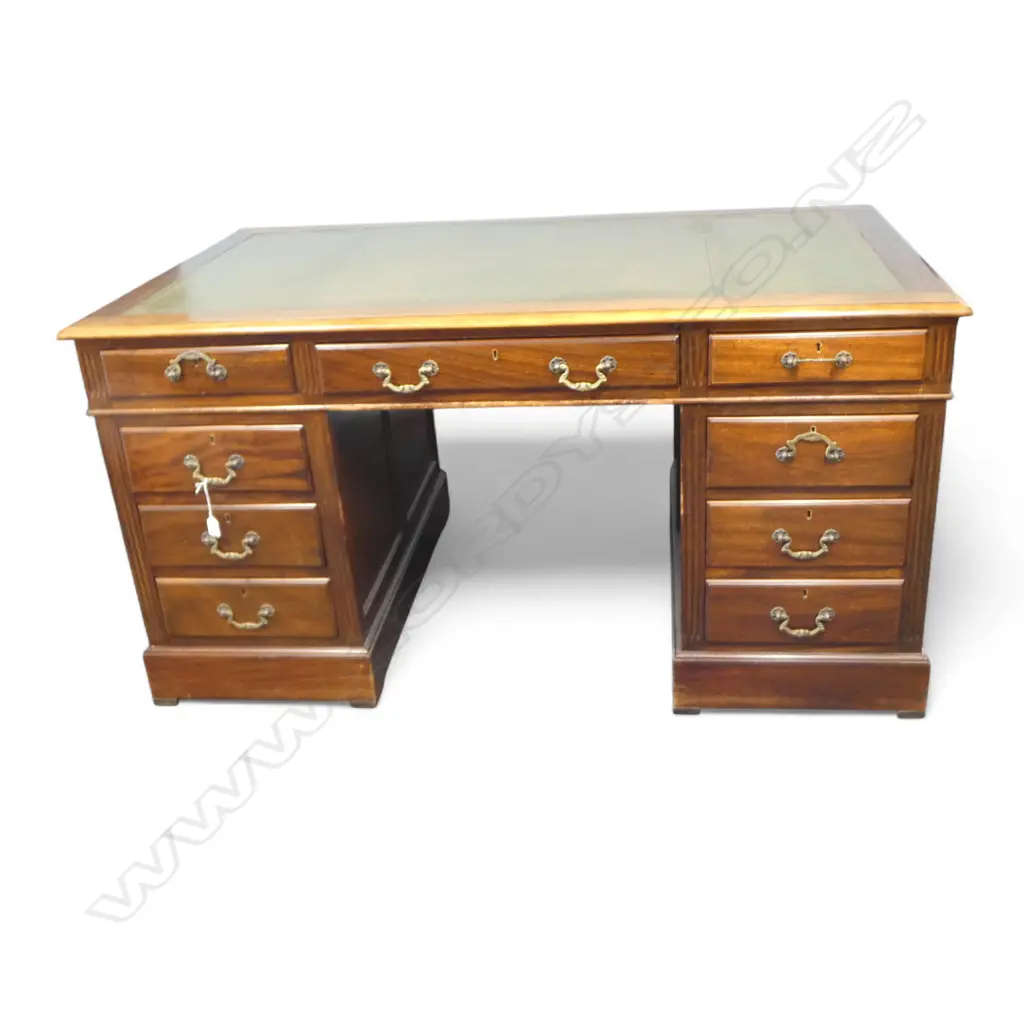 QUALITY MODERN ANTIQUE STYLE TWIN PEDESTAL DESK green tooled leather top panelled sides Image 1++