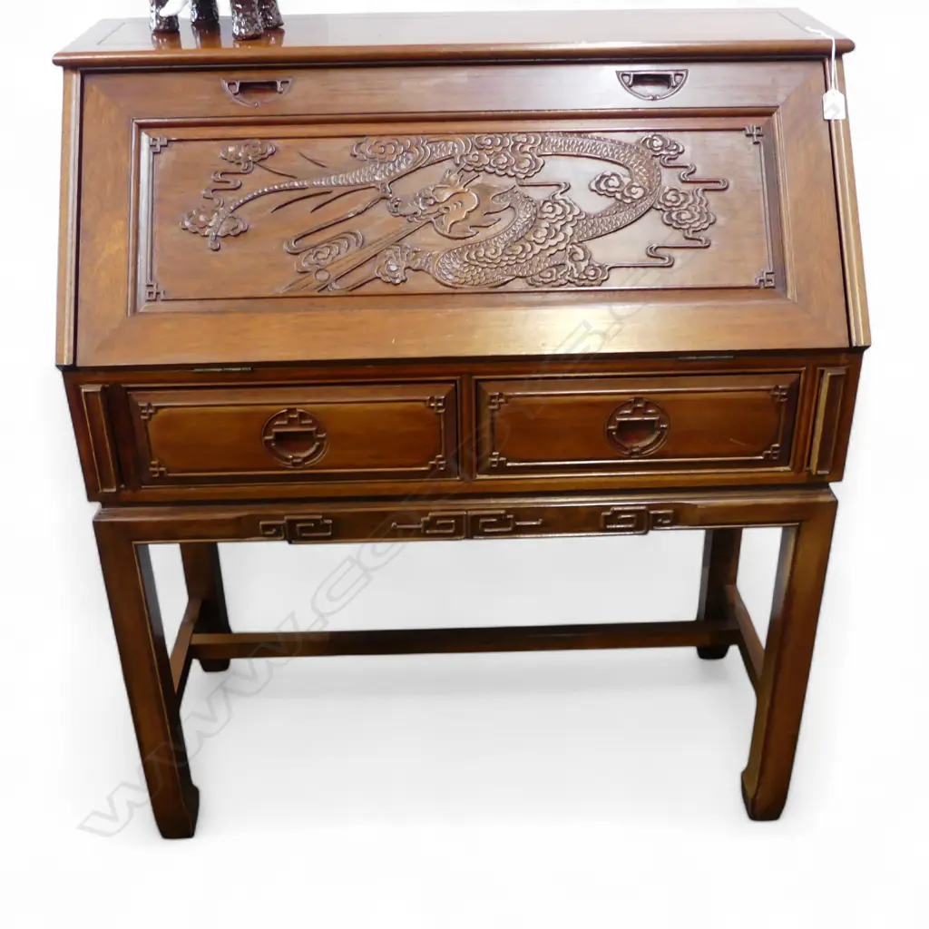 FALL FRONT DESK, CARVED CHINESE DETAILING,  940 x 450 x 1070mm Image 1++