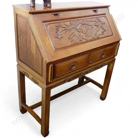 FALL FRONT DESK, CARVED CHINESE DETAILING,  940 x 450 x 1070mm