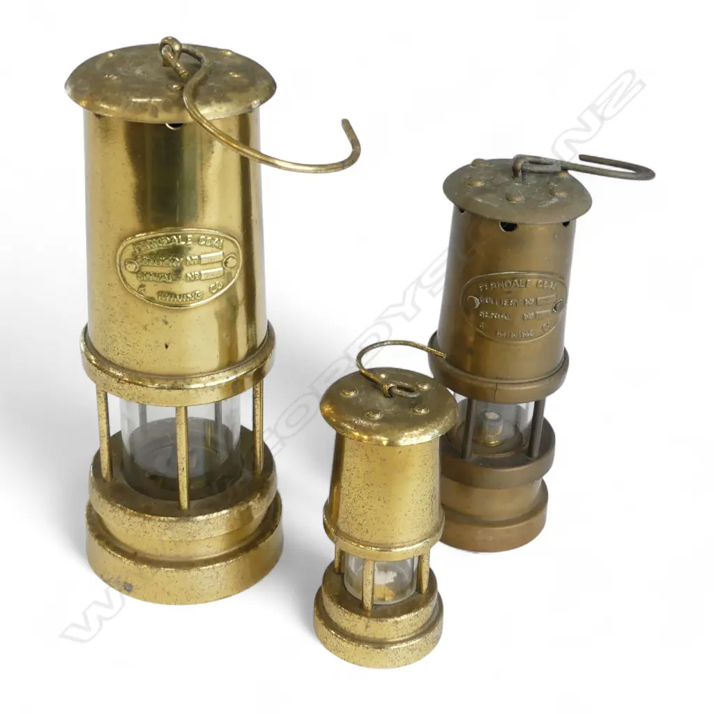 THREE BRASS MINER'S LAMPS; 2 'FERNDALE COAL', TALLEST H.230mm Image 1++