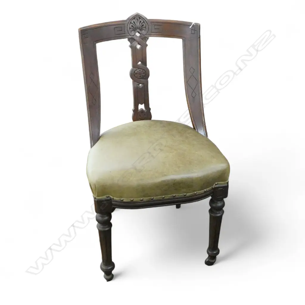 EDWARDIAN CARVED WOOD OFFICE CHAIR LEATHER SEAT ON CASTERS H920MM Image 1++