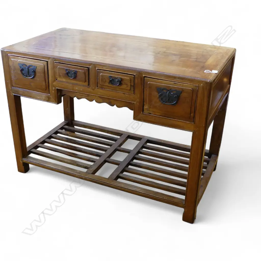 OLD CHINESE DESK 4 drawer. Brass butterfly handles. Lower slatted shelf Chinese Chippendale like. 1170 x 615 x 815mm Image 1++