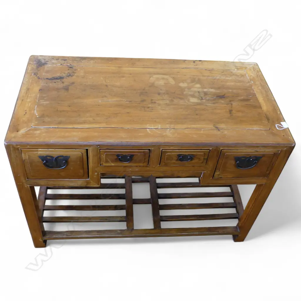 OLD CHINESE DESK 4 drawer. Brass butterfly handles. Lower slatted shelf Chinese Chippendale like. 1170 x 615 x 815mm Image 1++