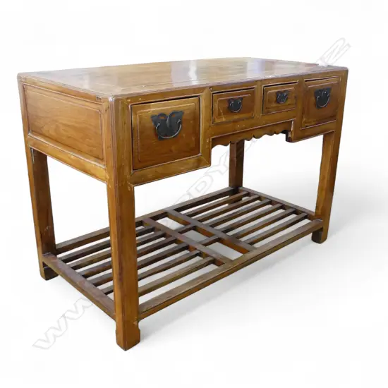 OLD CHINESE DESK 4 drawer. Brass butterfly handles. Lower slatted shelf Chinese Chippendale like. 1170 x 615 x 815mm