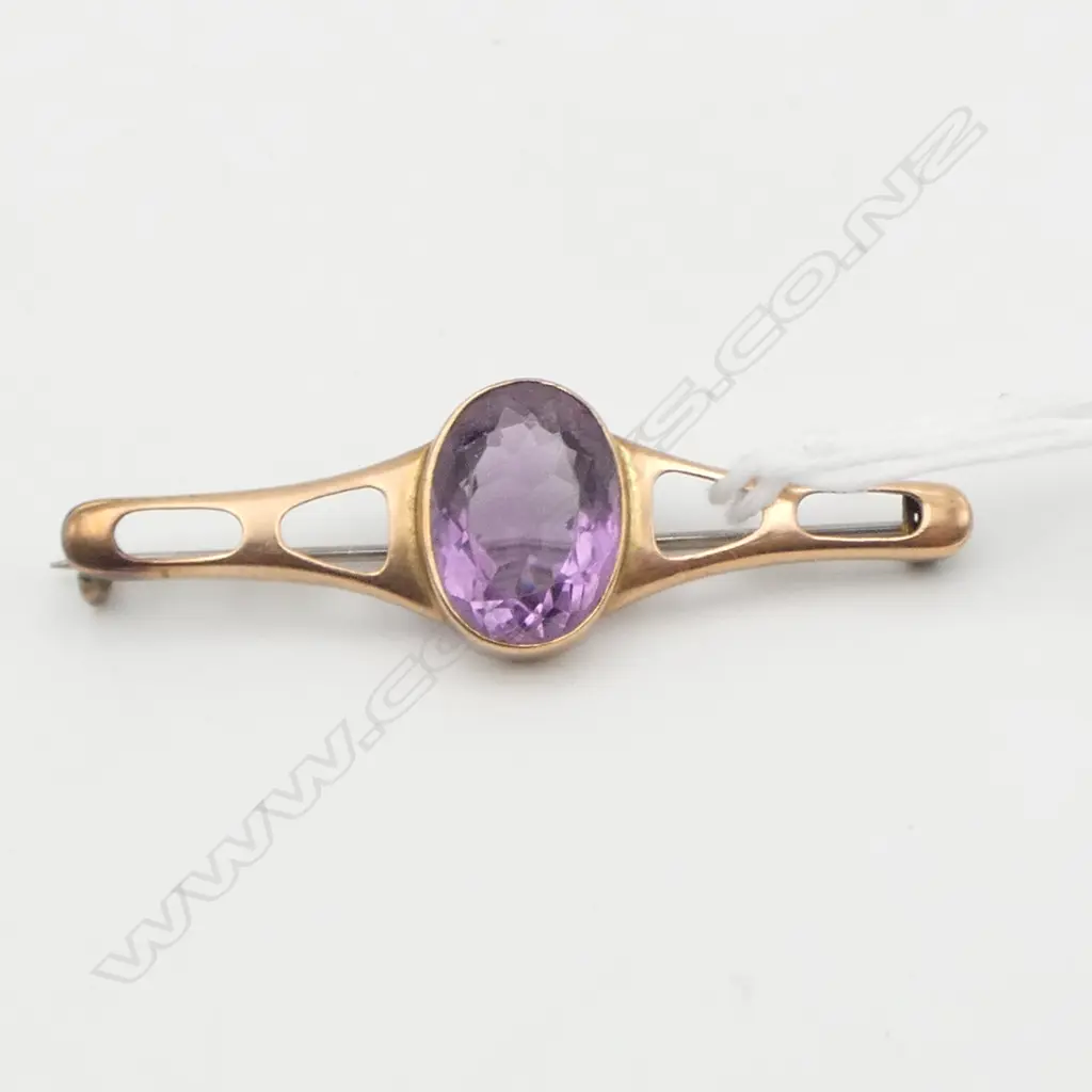 RETRO 9ct ROSE GOLD & AMETHYST BROOCH 4.68gms Image 1++