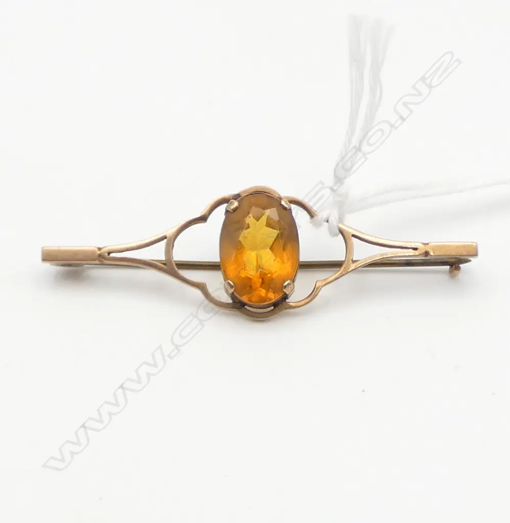 9ct GOLD & CITRINE BAR BROOCH 3.9gms Image 1++