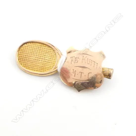 EARLY 20thC 9ct gold & 9ct metal lined TENNIS RACQUET PRIZE BROOCH 2.25gms total