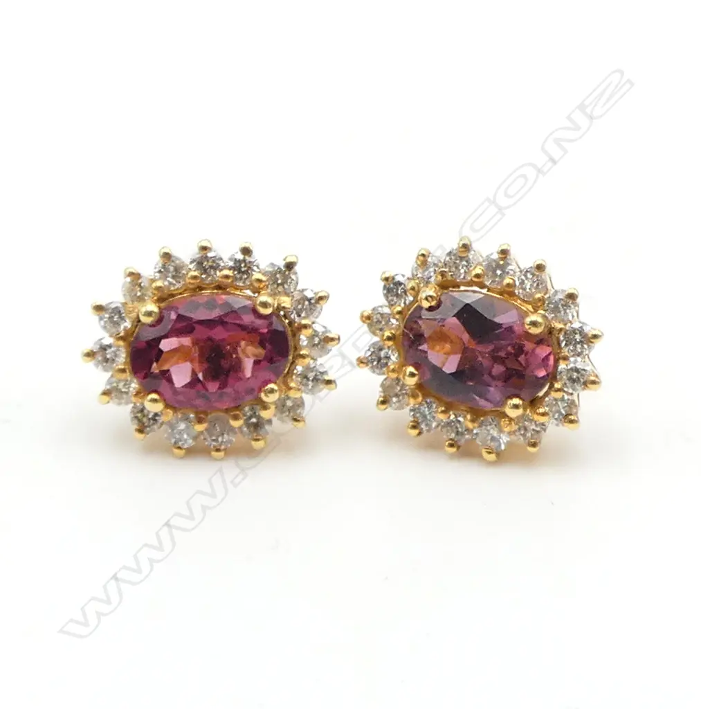 PR 14ct DIAMOND & PINK TOURMALINE EARRINGS, stud backs Image 1++