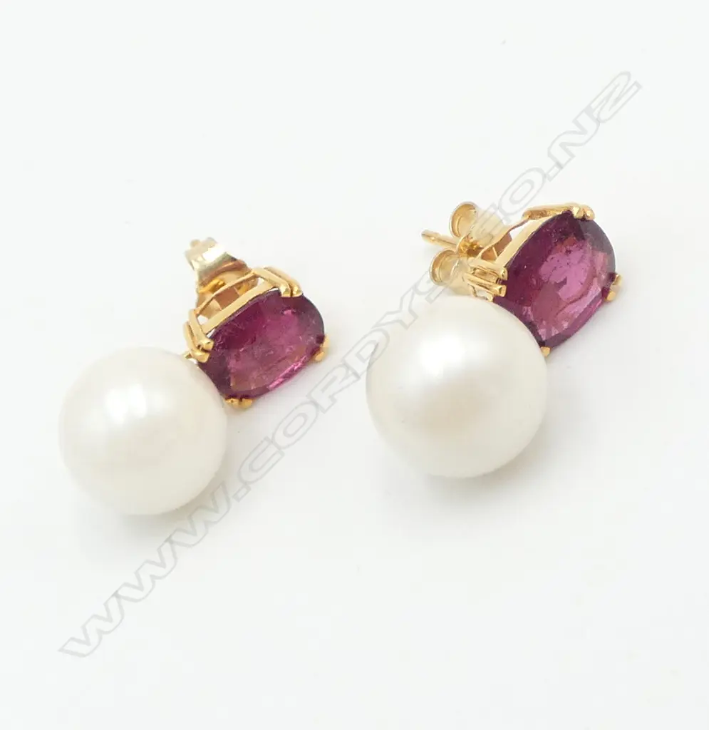14ct TOURMALINE & PEARL EARRINGS Image 1++